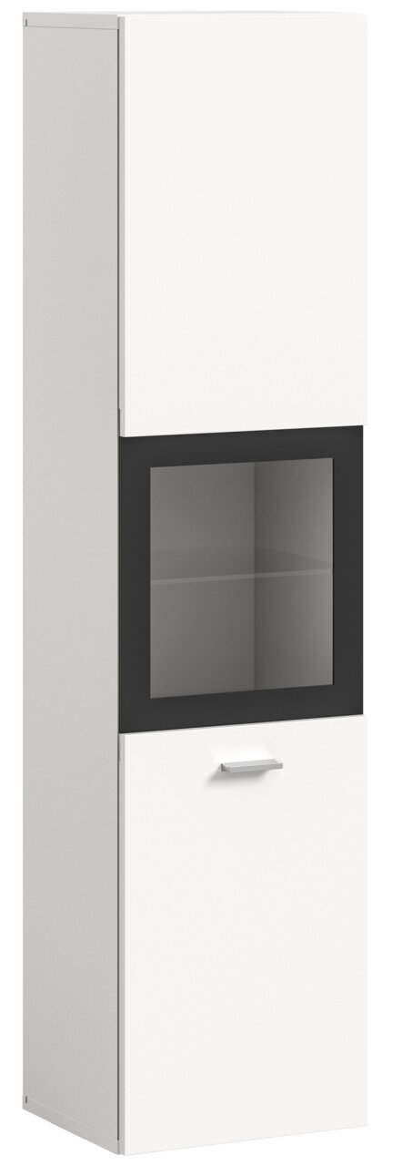 Moderner Badschrank in Weiß mit Glaseinsatz, seitliche Perspektive