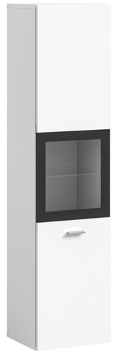 Moderner Badschrank in Weiß mit Glaseinsatz, seitliche Perspektive