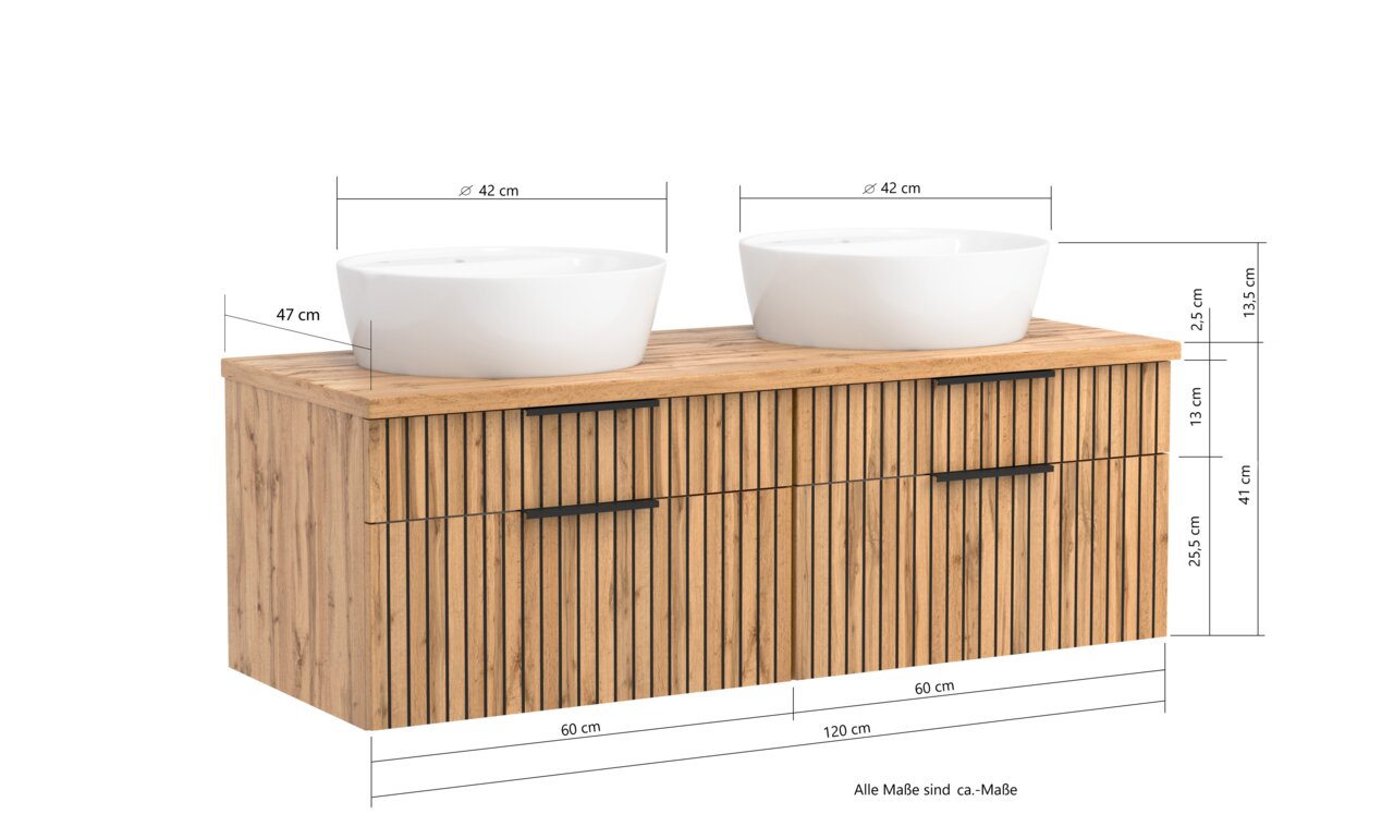 Vooraanzicht van een wastafelset met twee witte opzetwastafels op een houten blad en verticale houten lamellen aan de voorkant.