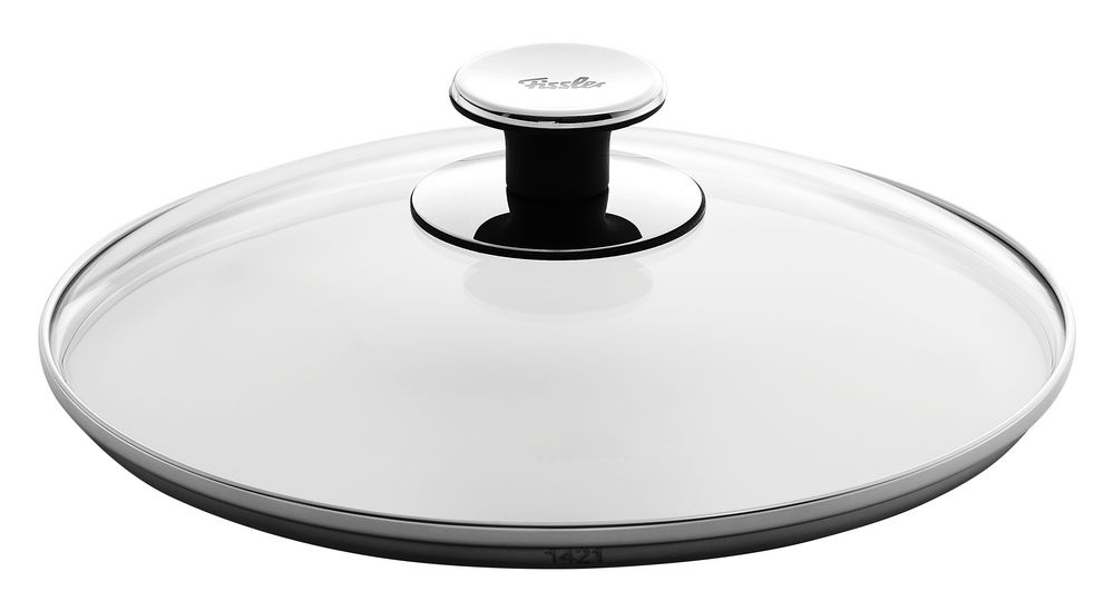Glasdeckel 24cm mit Edelstahlrand und Griff, seitliche Perspektive