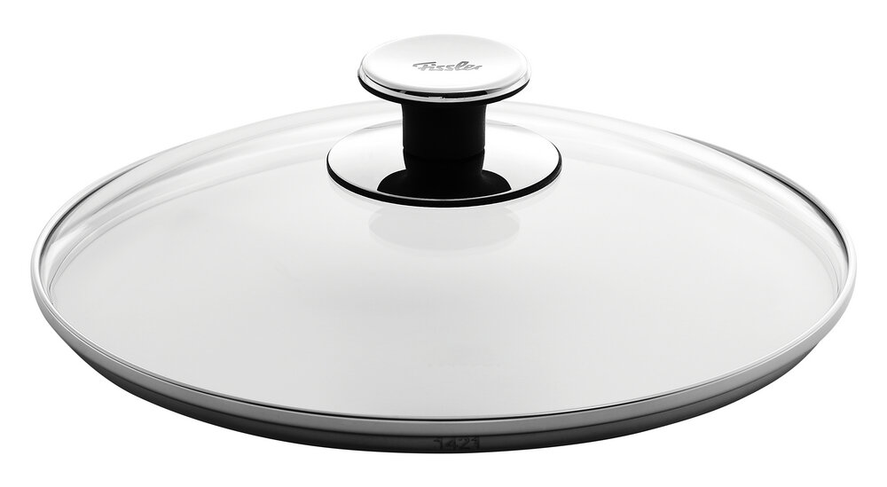 Glasdeckel 24cm mit Edelstahlrand und Griff, seitliche Perspektive