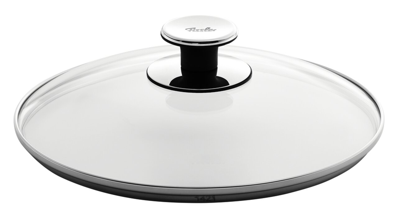 Glasdeckel 24cm mit Edelstahlrand und Griff, seitliche Perspektive