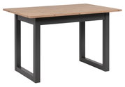 Moderne eettafel met houten blad en zwart metalen onderstel, zijaanzicht