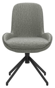 Moderner grauer Stuhl mit gepolsterter Sitzfläche und schwarzem Metallgestell, Frontalansicht.