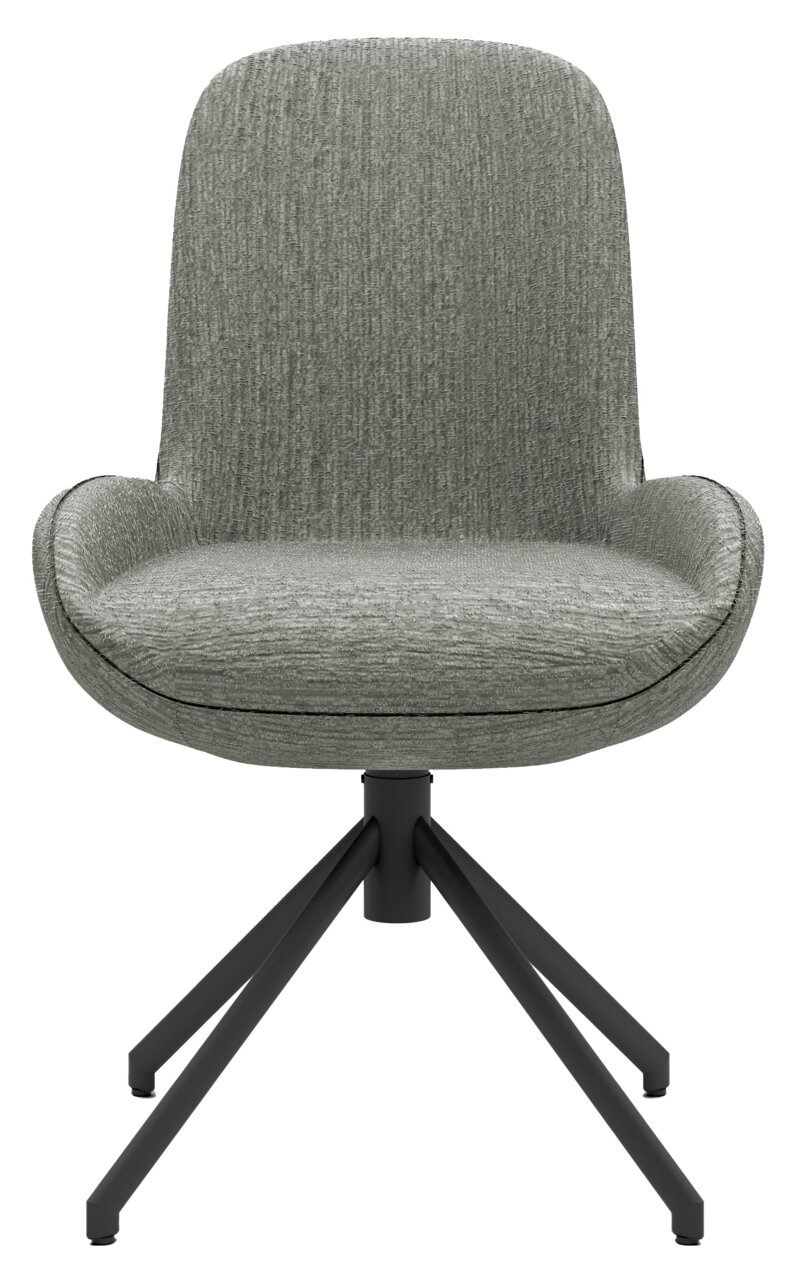 Moderner grauer Stuhl mit gepolsterter Sitzfläche und schwarzem Metallgestell, Frontalansicht.