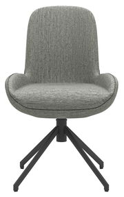 Moderner grauer Stuhl mit gepolsterter Sitzfläche und schwarzem Metallgestell, Frontalansicht.