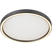 Runde LED-Deckenleuchte mit schwarzem Rand und warmweißer Lichtausstrahlung, seitliche Perspektive