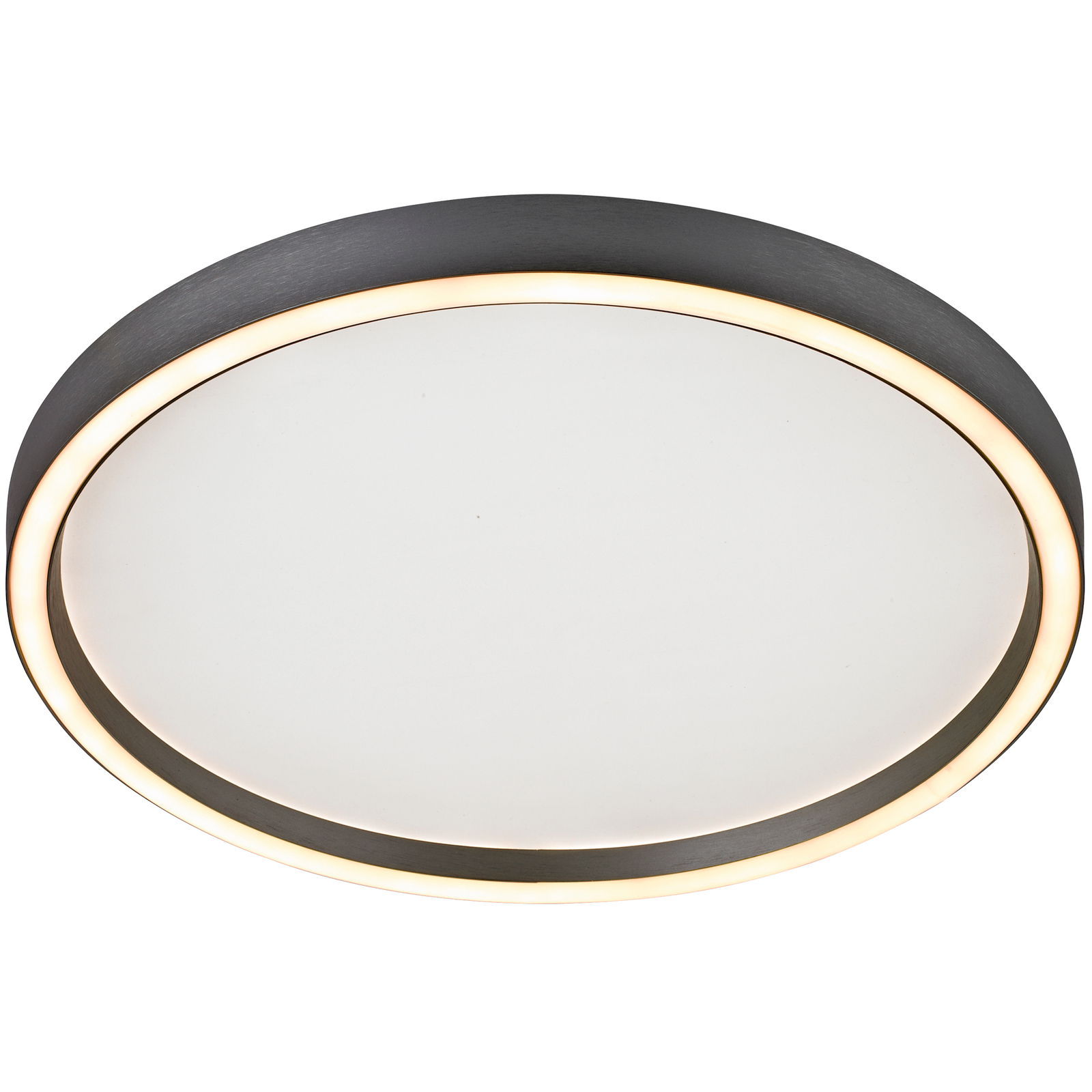 Runde LED-Deckenleuchte mit schwarzem Rand und warmweißer Lichtausstrahlung, seitliche Perspektive