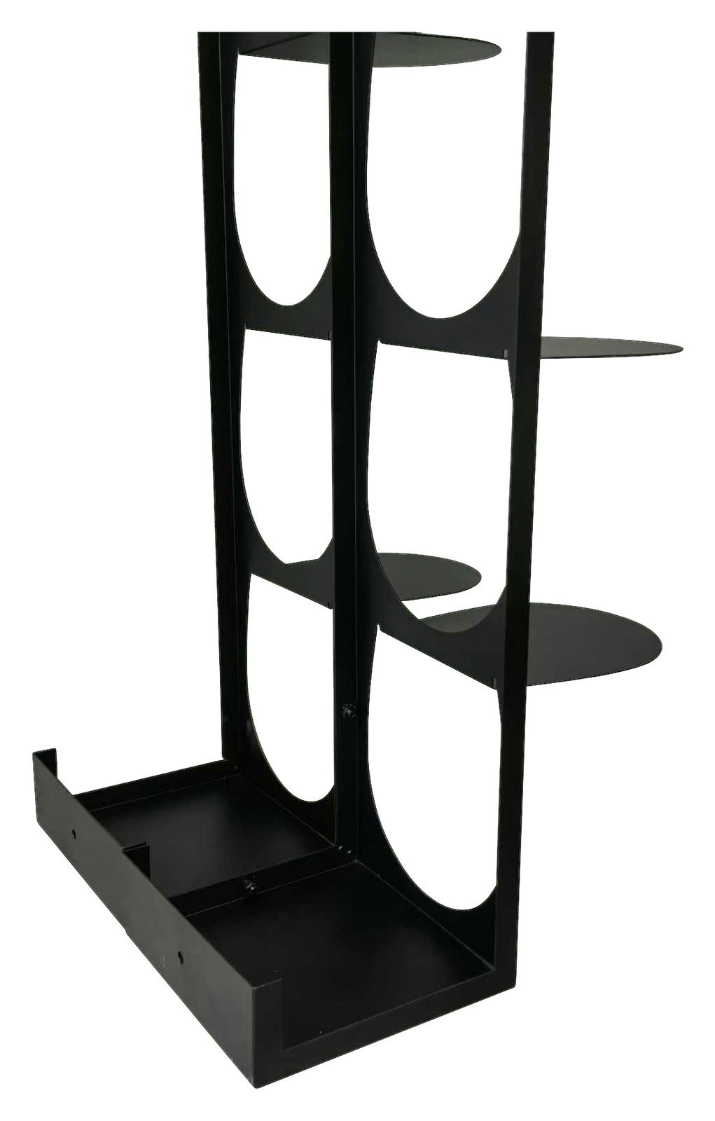 Schwarzes Schuhregal aus Metall mit seitlicher Perspektive