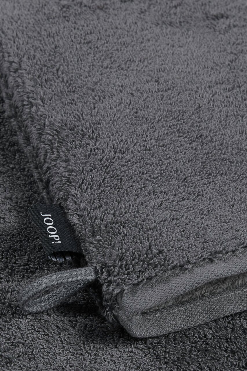 JOOP! Waschhandschuh DOUBLEFACE CLASSIC Grauer Waschhandschuh aus Frottee mit sichtbarem Joop!-Label, Nahaufnahme