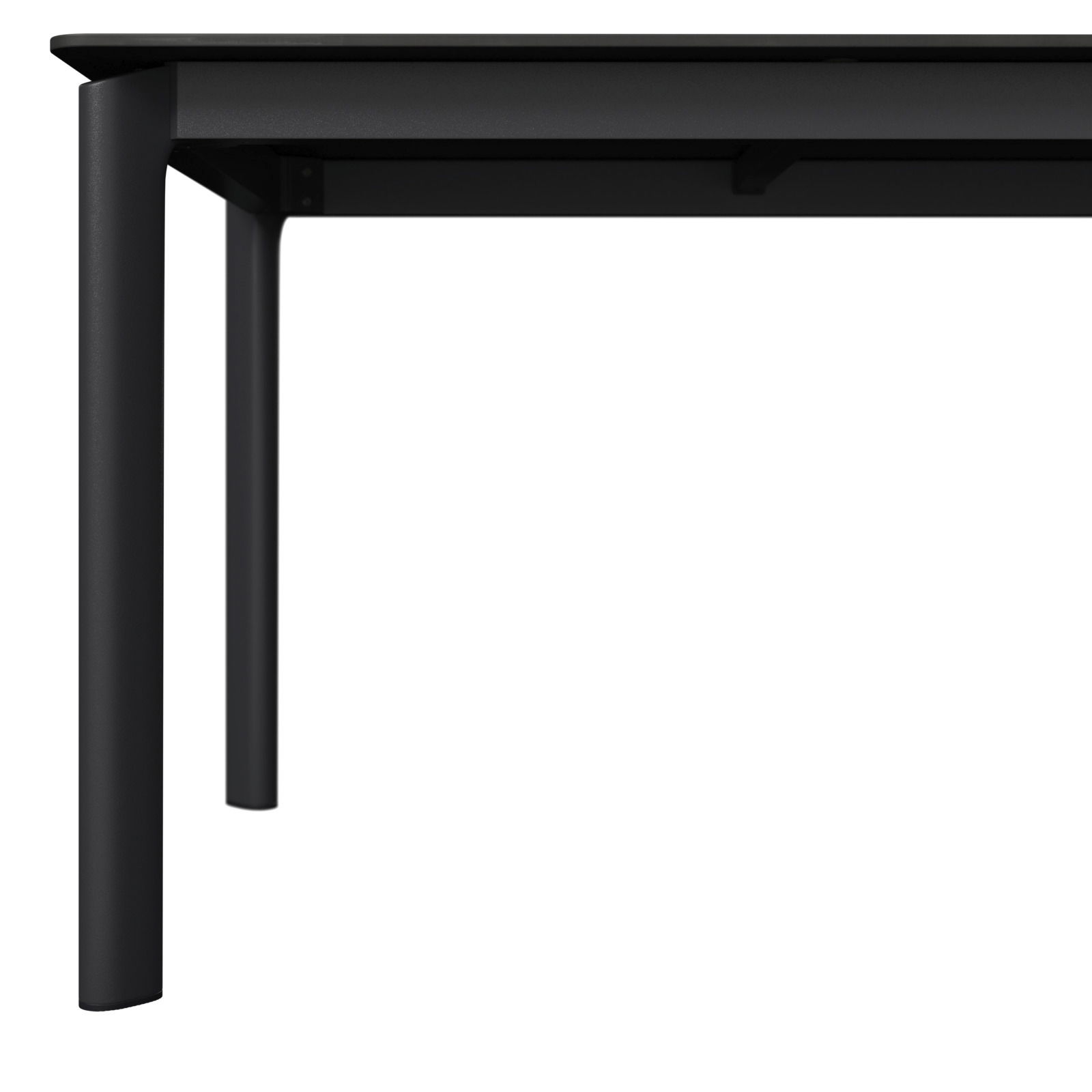 Moderner schwarzer Gartentisch aus Metall, seitliche Perspektive