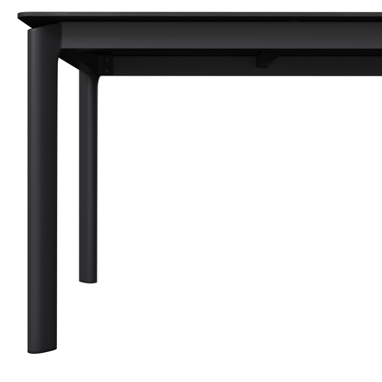 Moderner schwarzer Gartentisch aus Metall, seitliche Perspektive