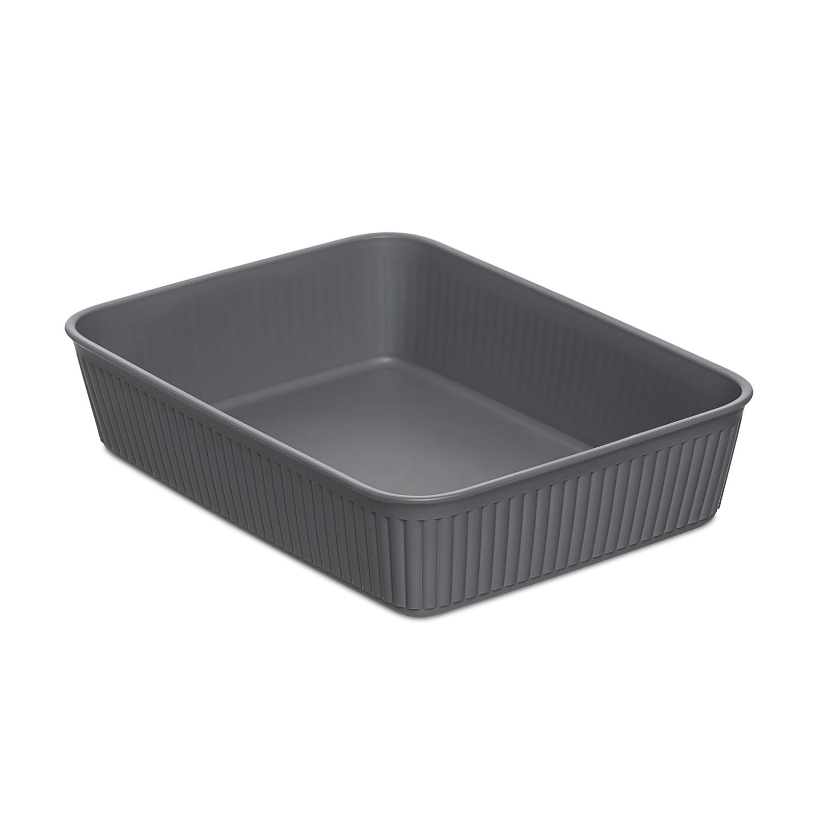 Graue rechteckige Aufbewahrungsbox aus Kunststoff, schräg von oben fotografiert