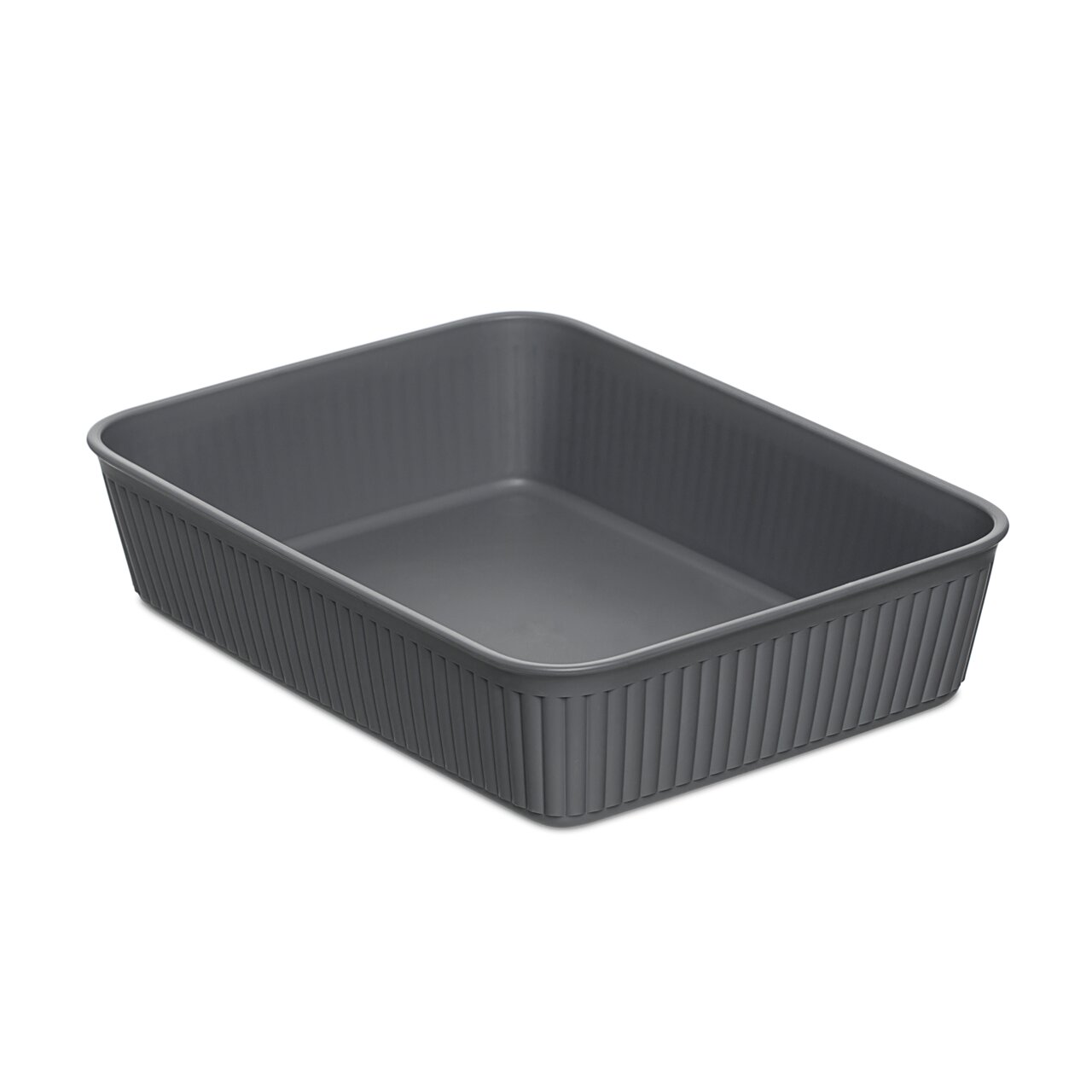 Graue rechteckige Aufbewahrungsbox aus Kunststoff, schräg von oben fotografiert