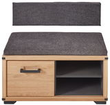 Garderobenbank aus Holz mit grauem Polster, einer Schublade und zwei offenen Fächern, Frontalansicht.