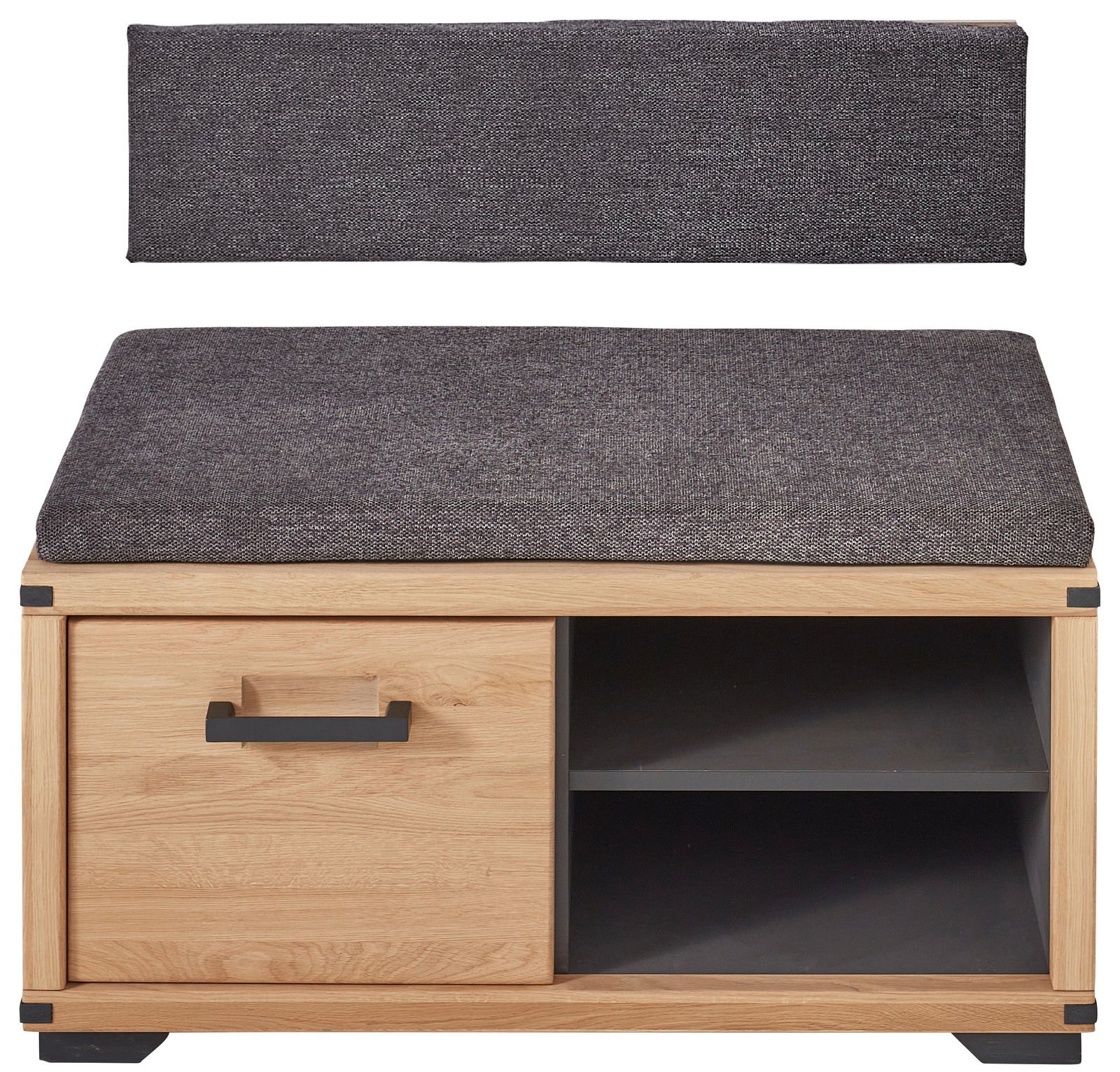 Linea Natura Garderobenbank GENUA II Garderobenbank aus Holz mit grauem Polster, einer Schublade und zwei offenen Fächern, Frontalansicht.