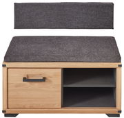 Garderobenbank aus Holz mit grauem Polster, einer Schublade und zwei offenen Fächern, Frontalansicht.