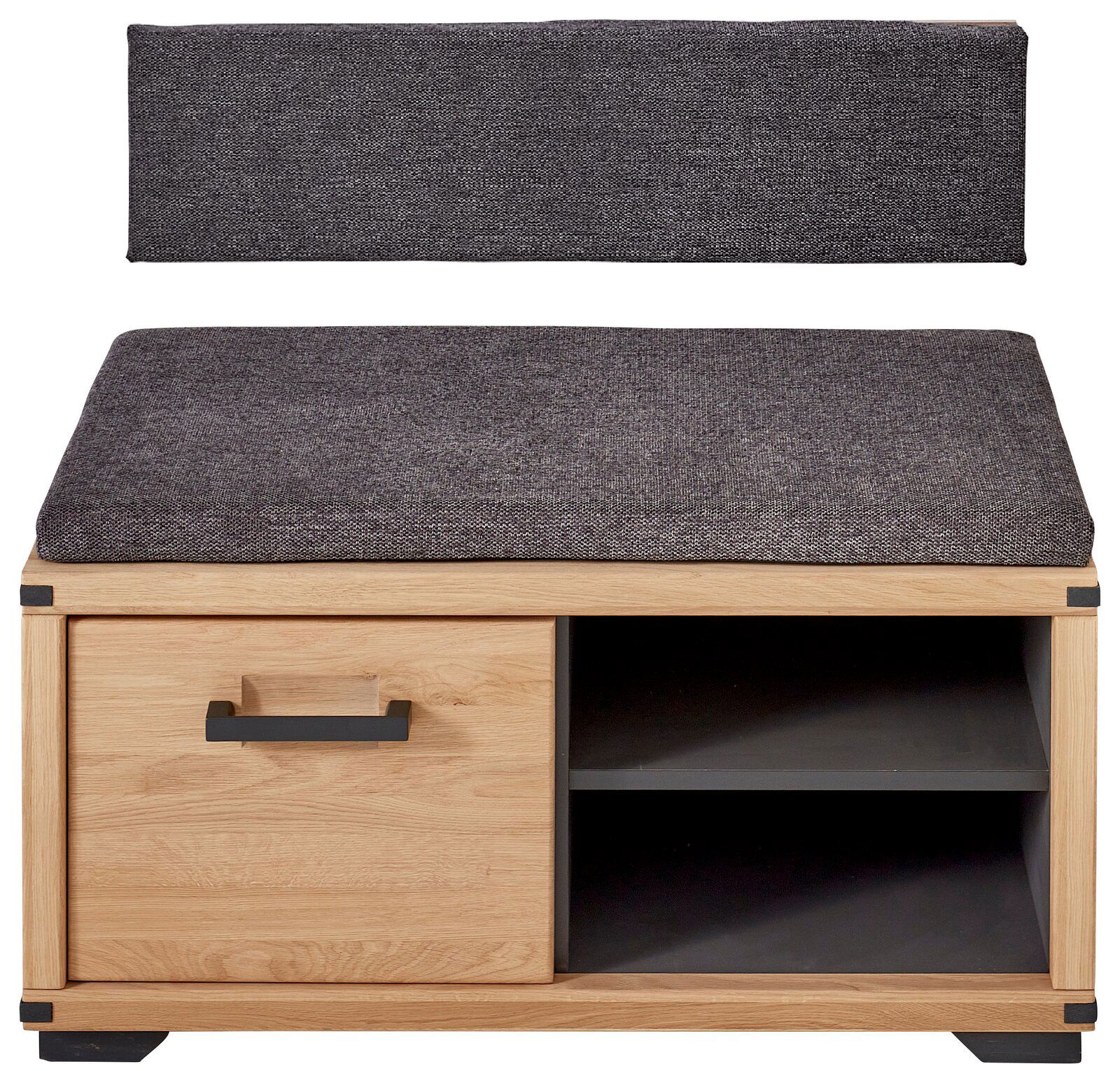 Garderobenbank aus Holz mit grauem Polster, einer Schublade und zwei offenen Fächern, Frontalansicht.