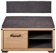 Garderobenbank aus Holz mit grauem Polster, einer Schublade und zwei offenen Fächern, Frontalansicht.