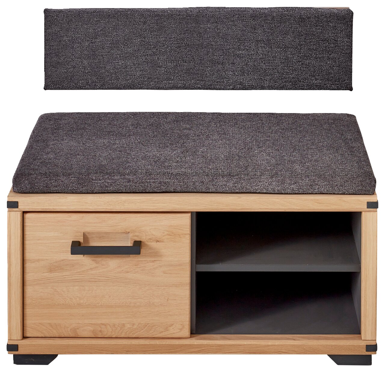 Garderobenbank aus Holz mit grauem Polster, einer Schublade und zwei offenen Fächern, Frontalansicht.