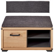 Garderobenbank aus Holz mit grauem Polster, einer Schublade und zwei offenen Fächern, Frontalansicht.