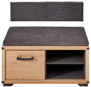 Houten garderobebank met grijze bekleding, een lade en twee open vakken, gezien van voren.