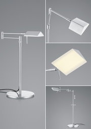 Moderne LED-Tischleuchte JOHANN aus Metall in Silber, verstellbar mit rechteckigem Lampenschirm, Seiten- und Nahaufnahme.