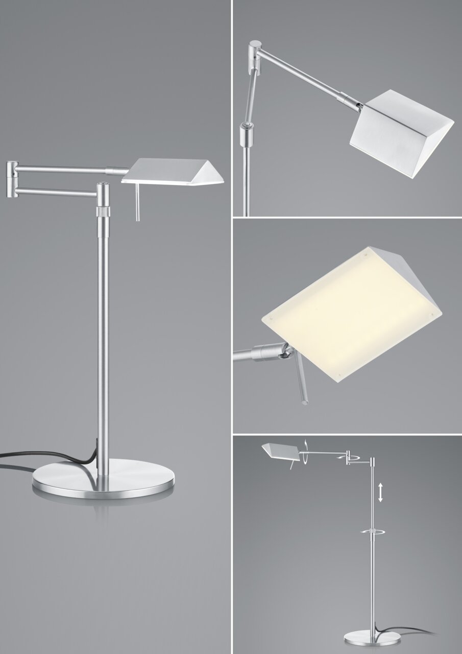 Moderne LED-tafellamp JOHANN van metaal in zilver, verstelbaar met rechthoekige lampenkap, zijaanzicht en close-up.