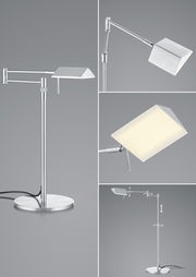 Moderne LED-Tischleuchte JOHANN aus Metall in Silber, verstellbar mit rechteckigem Lampenschirm, Seiten- und Nahaufnahme.