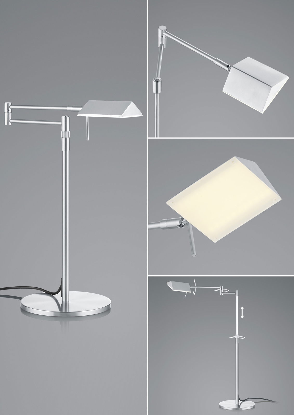 Moderne LED-Tischleuchte JOHANN aus Metall in Silber, verstellbar mit rechteckigem Lampenschirm, Seiten- und Nahaufnahme.