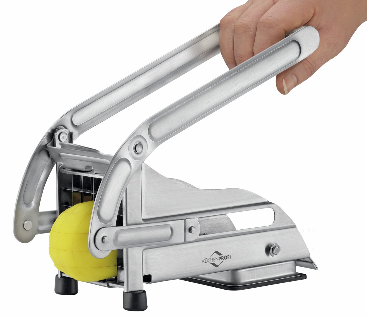 Pommes-Frites-Schneider aus Edelstahl mit gelber Kartoffel, seitliche Perspektive