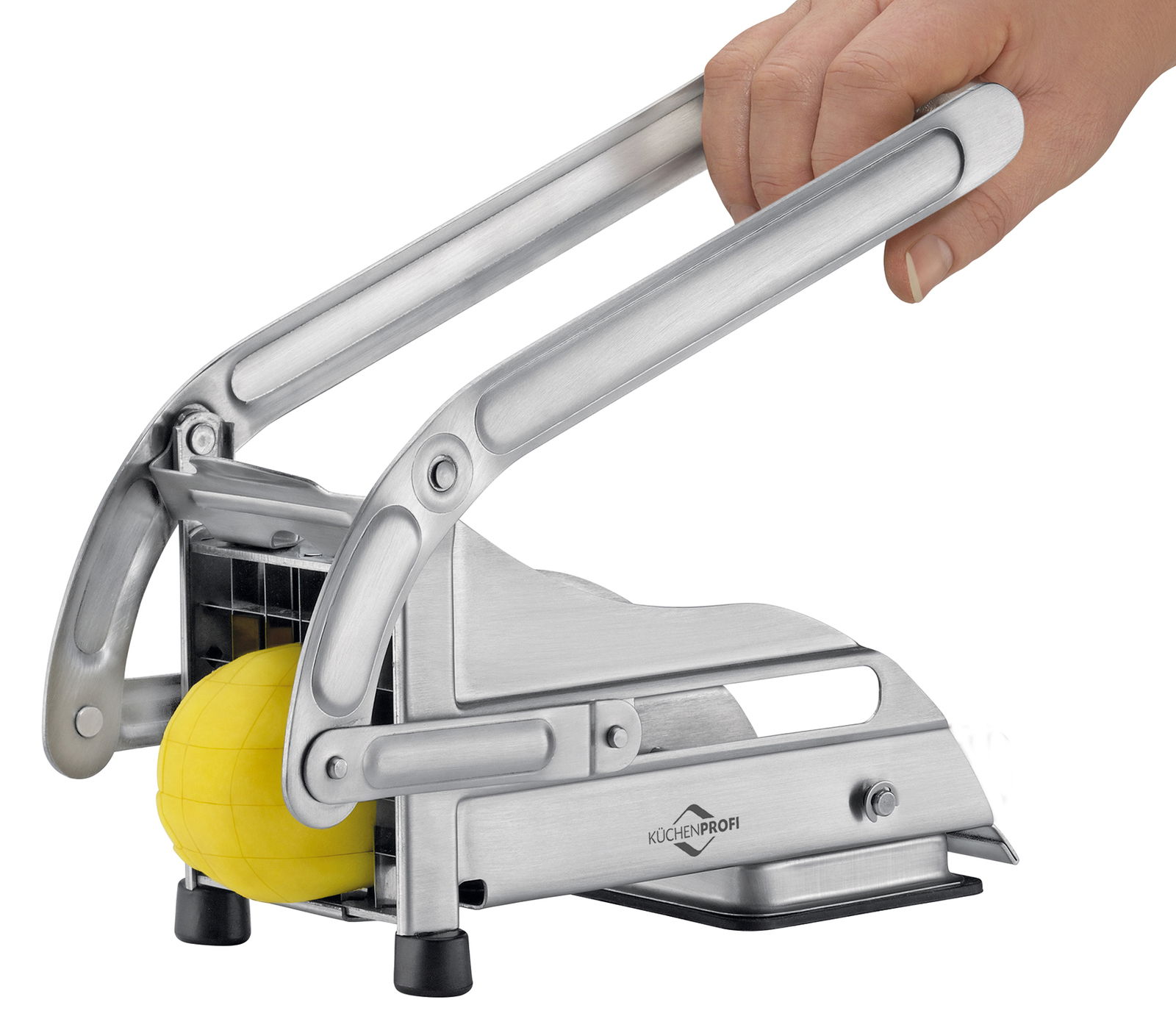 Pommes-Frites-Schneider aus Edelstahl mit gelber Kartoffel, seitliche Perspektive