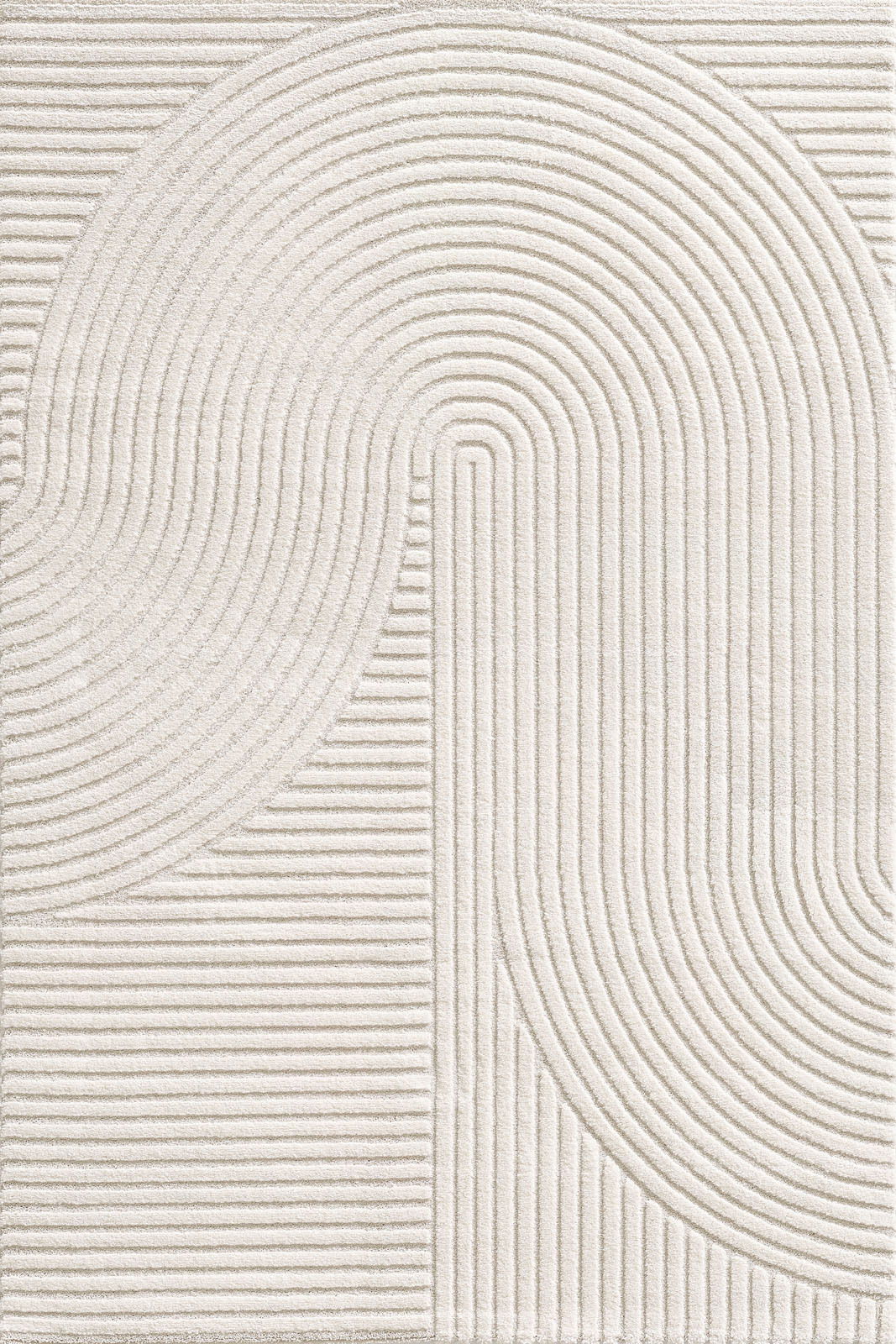 Moderner Webteppich mit geometrischem Muster in Cremeweiß, Draufsicht