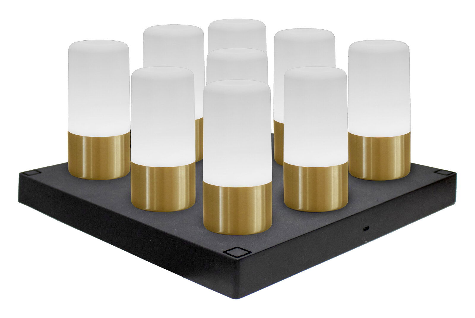 Akkubetriebene Tischleuchte MAIA mit acht zylinderförmigen Leuchten auf einer quadratischen Basis, seitliche Perspektive