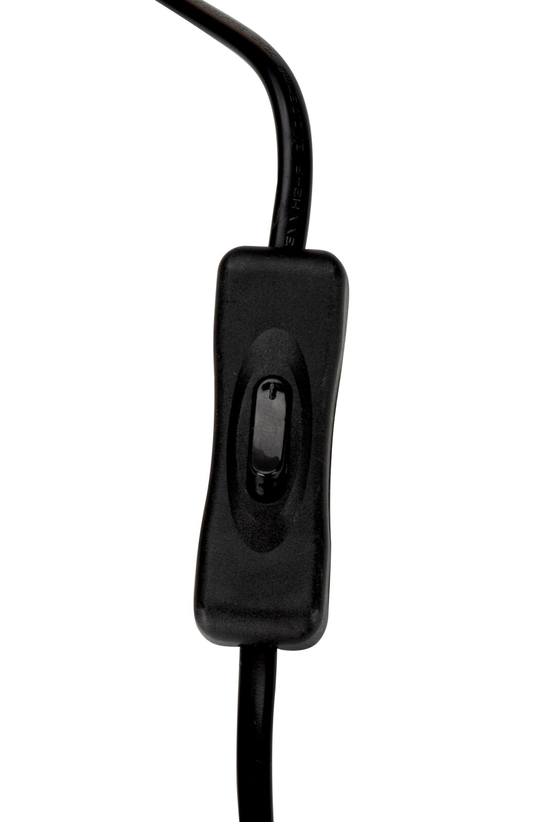 Nahaufnahme eines schwarzen Kippschalters an einem Kabel, vertikale Perspektive