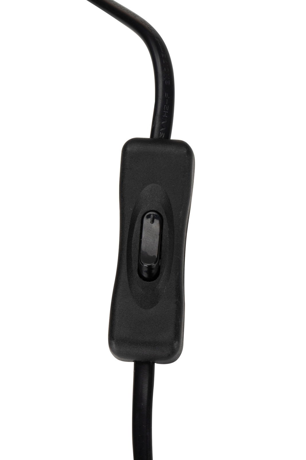 Nahaufnahme eines schwarzen Kippschalters an einem Kabel, vertikale Perspektive