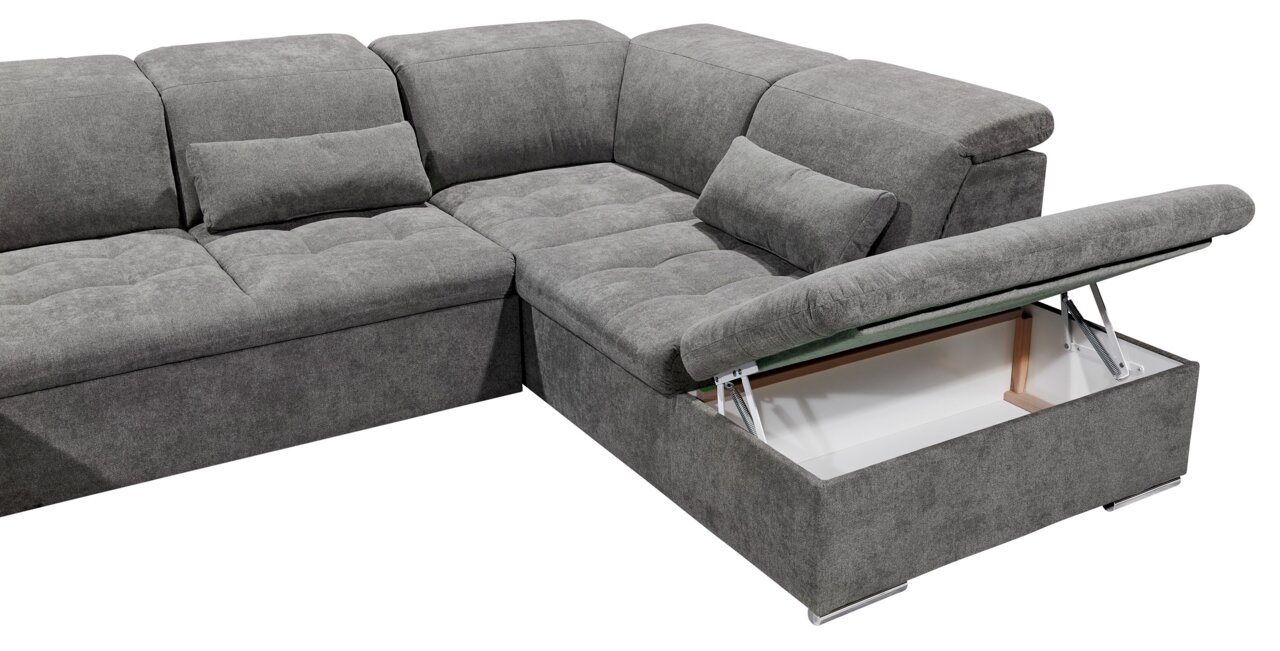 Graues Ecksofa mit Stauraum, Ansicht von schräg oben