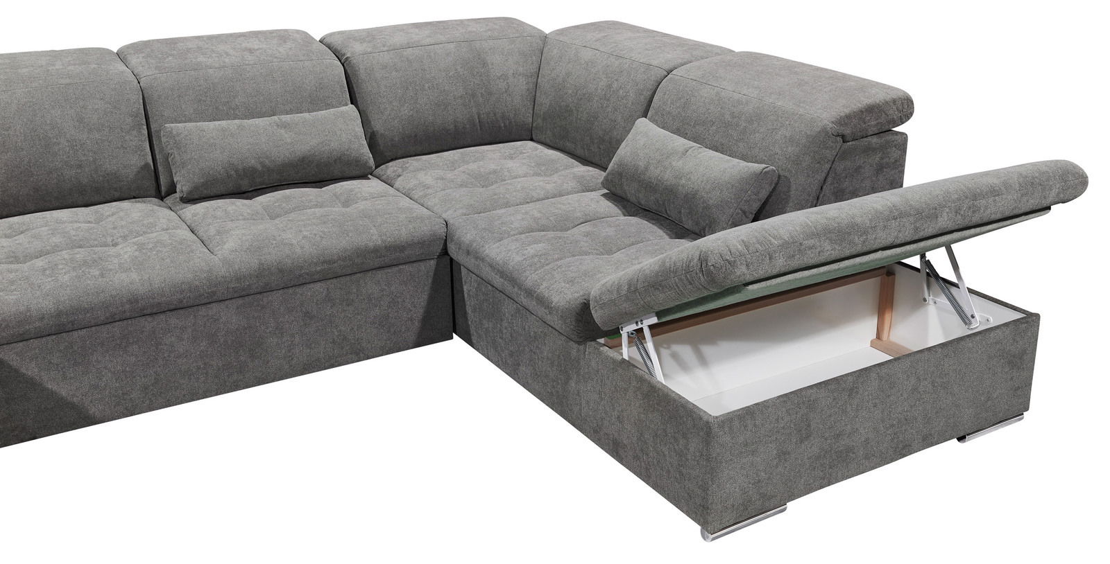 Graues Ecksofa mit Stauraum, Ansicht von schräg oben