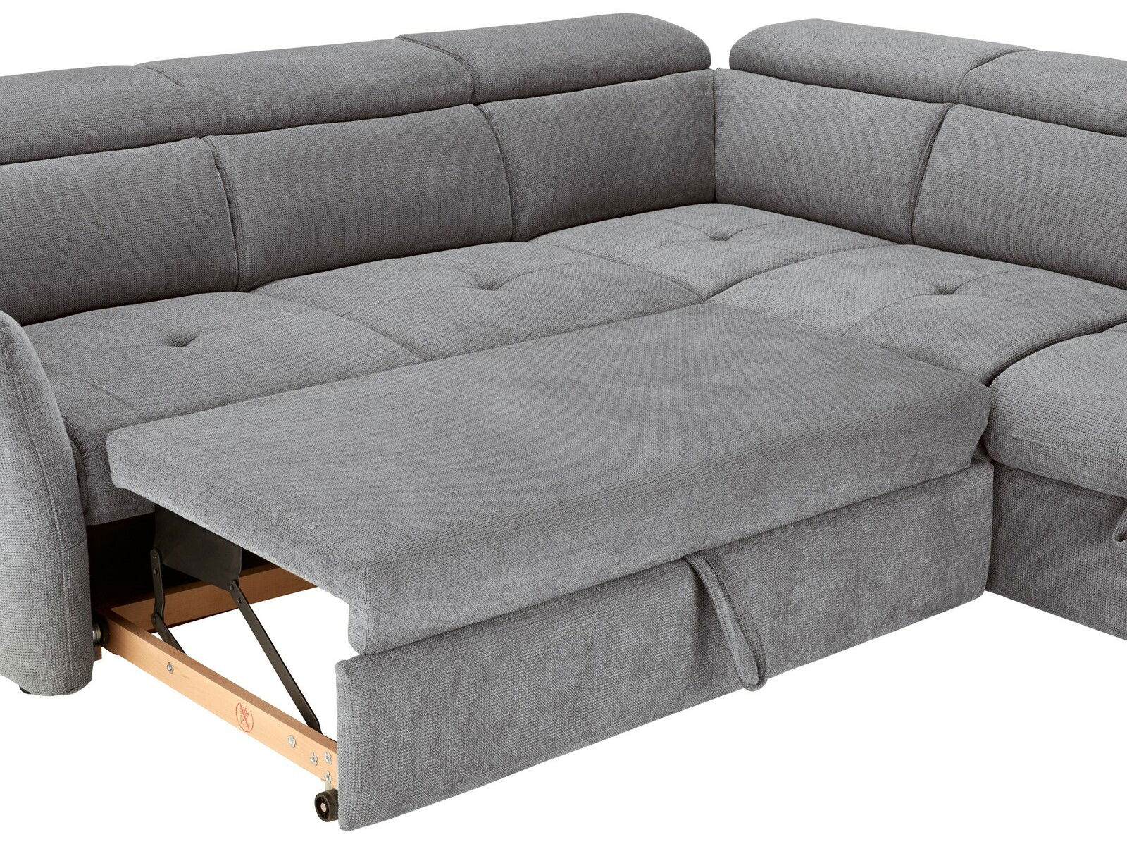 Graues Polsterecksofa MONSERAT mit ausgezogenem Bettkasten, Perspektive von vorne links
