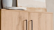 Nahaufnahme eines Schuhschranks aus hellem Holz mit schwarzen Griffen, von vorne betrachtet. Obenauf stehen ein blauer Keramikvase und einige Bücher.