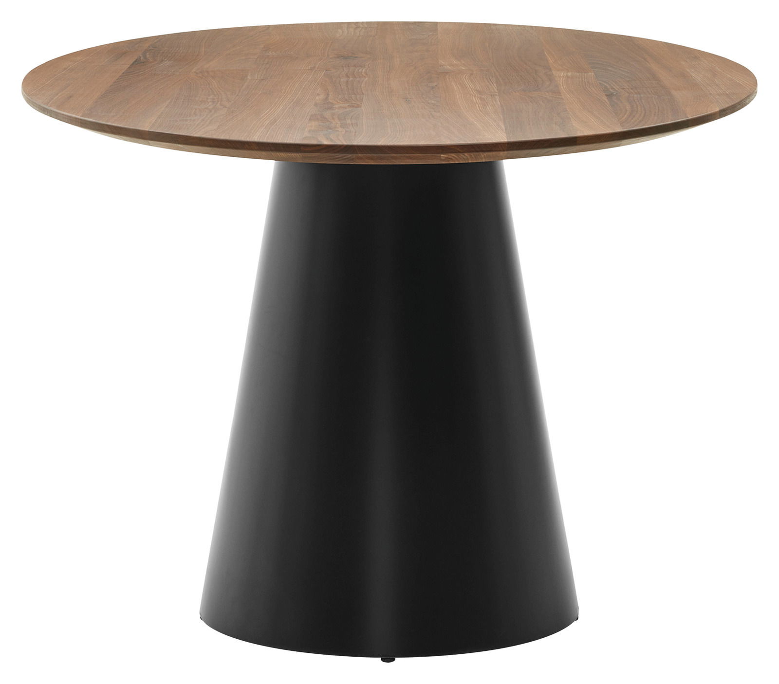 Runder Esstisch mit Holzplatte und konischem schwarzen Sockel, seitliche Perspektive