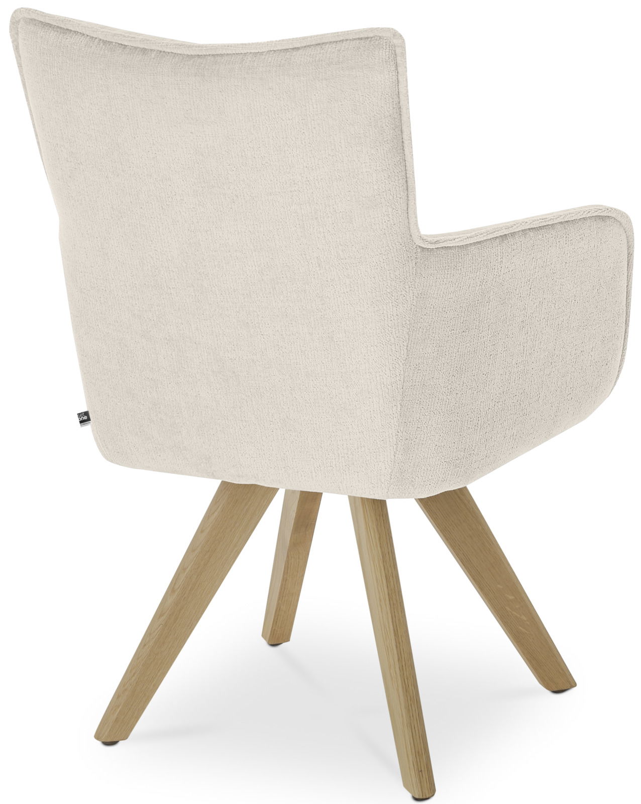 Rückansicht eines Armlehnstuhls mit hellem Stoffbezug und Holzbeinen