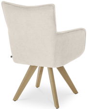 Rückansicht eines Armlehnstuhls mit hellem Stoffbezug und Holzbeinen