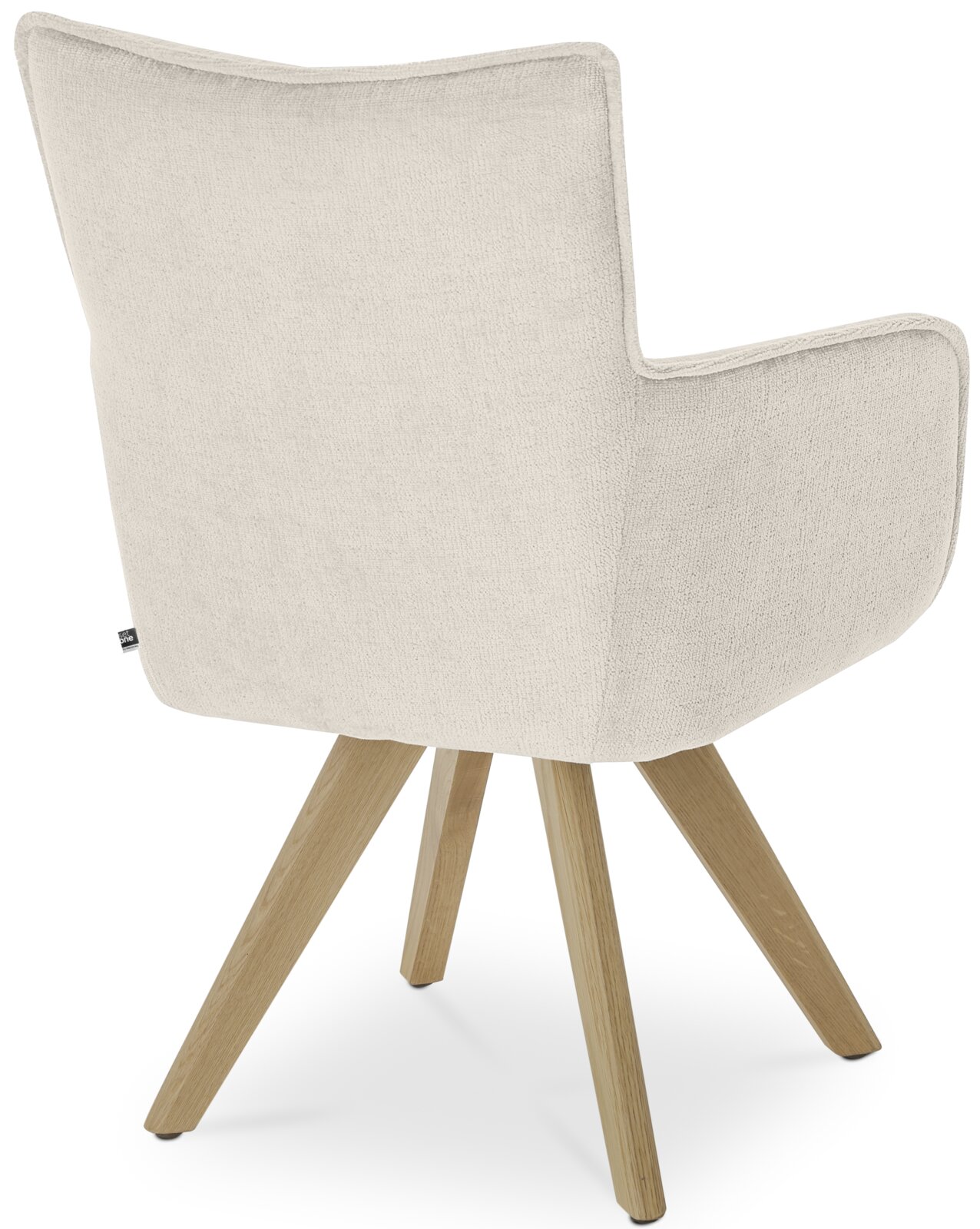 Achterkant van een fauteuil met een lichte stoffen bekleding en houten poten
