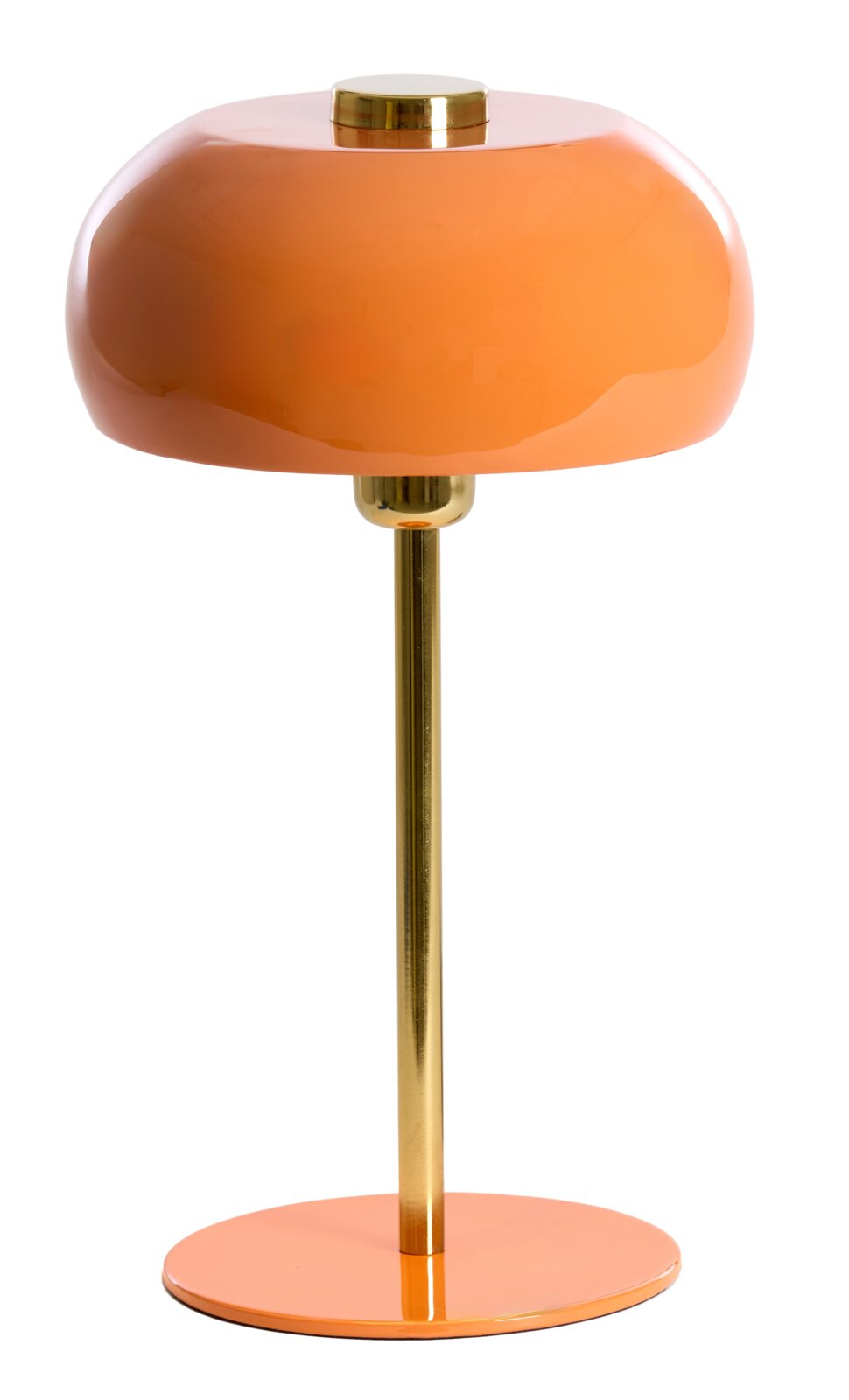 Orangefarbene Tischleuchte mit glänzendem Schirm und goldenem Standfuß, seitliche Perspektive