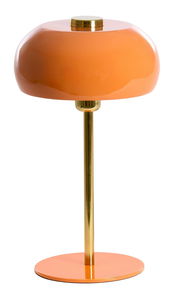 Orangefarbene Tischleuchte mit glänzendem Schirm und goldenem Standfuß, seitliche Perspektive
