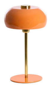 Orangefarbene Tischleuchte mit glänzendem Schirm und goldenem Standfuß, seitliche Perspektive