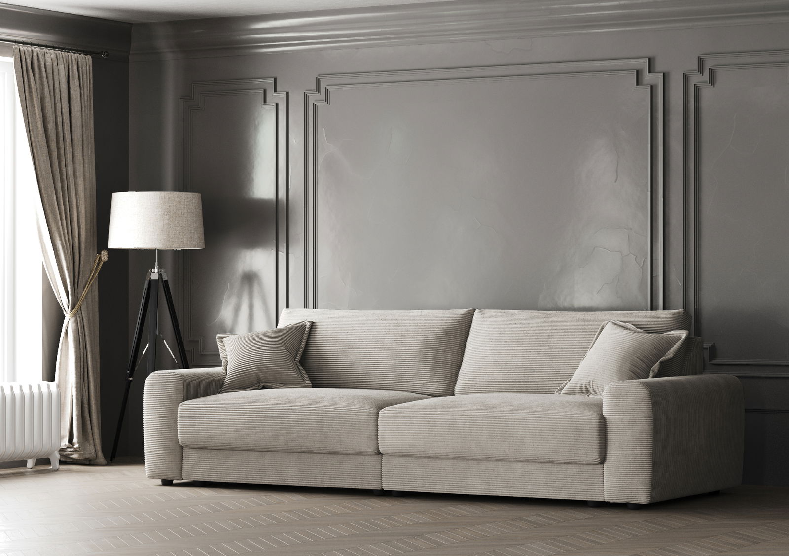 Großes, modernes Sofa in einem eleganten Wohnzimmer mit grauer Wandverkleidung, seitlicher Perspektive.