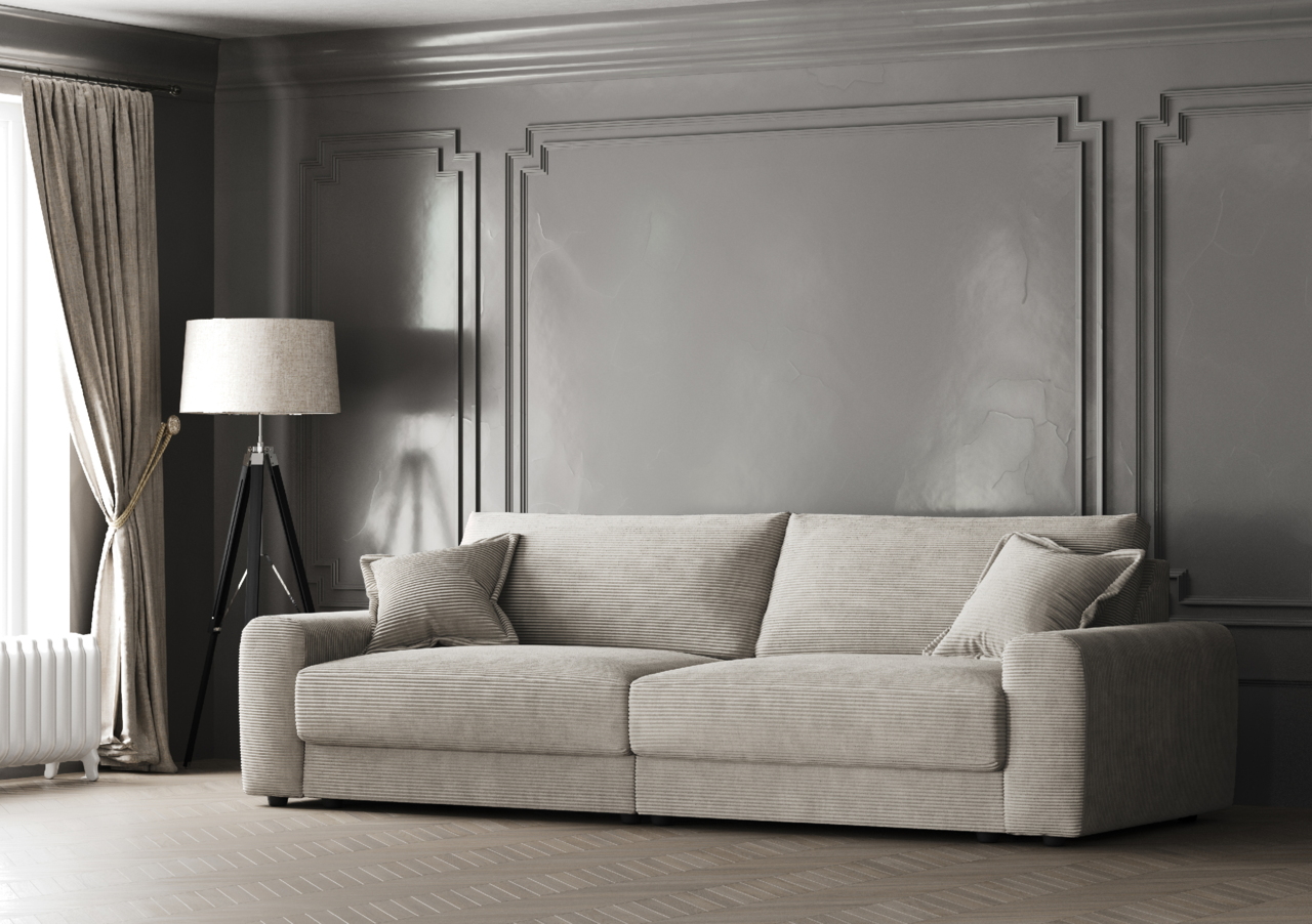 Großes, modernes Sofa in einem eleganten Wohnzimmer mit grauer Wandverkleidung, seitlicher Perspektive.