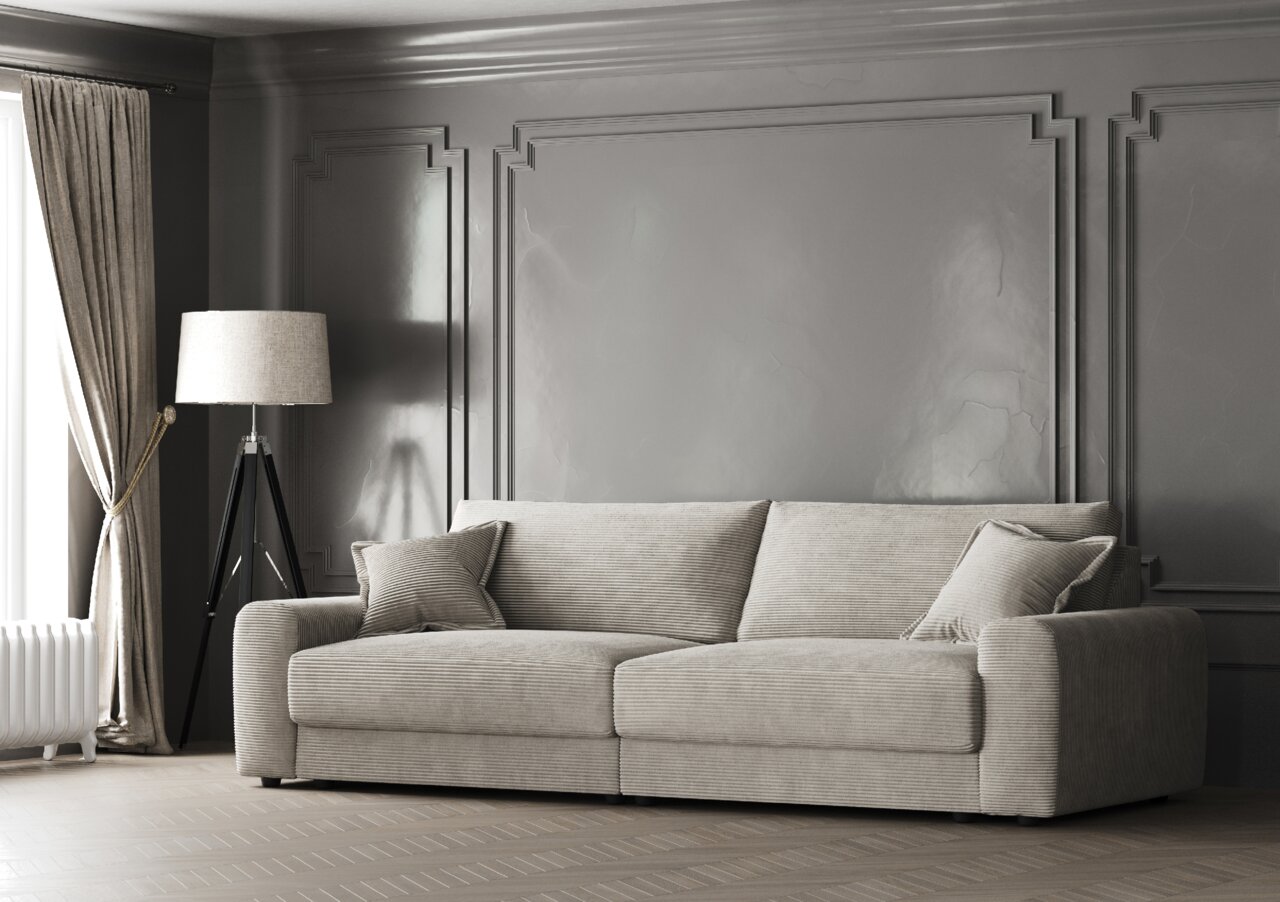 Großes, modernes Sofa in einem eleganten Wohnzimmer mit grauer Wandverkleidung, seitlicher Perspektive.